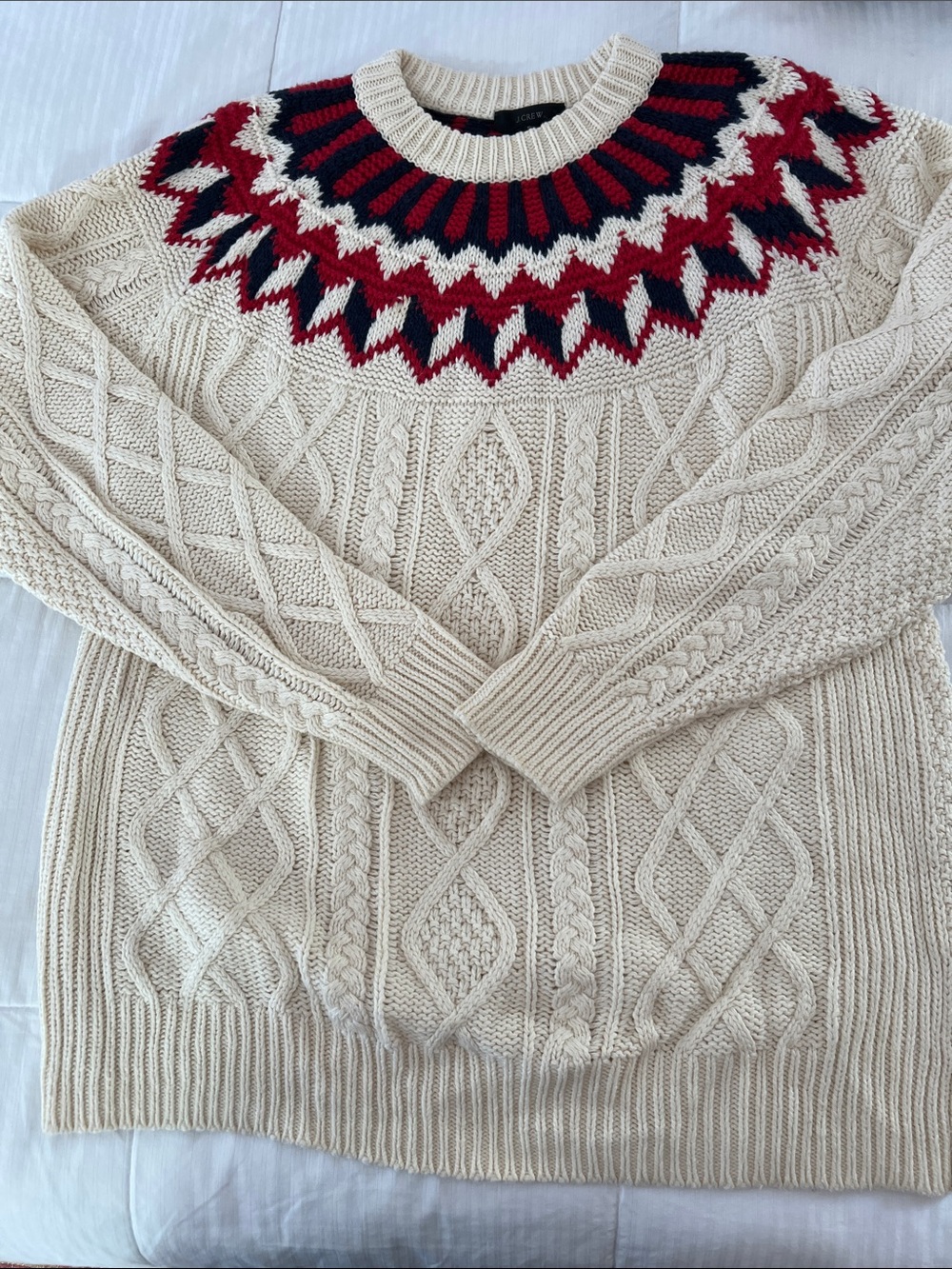 J. Crew Cream Cable Knit Sweater with Red & Navy Yoke